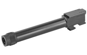 Black firearm barrel with threaded muzzle end