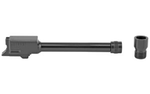 Gun barrel and muzzle brake on white background.