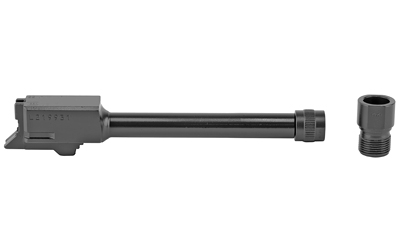 Gun barrel and muzzle brake on white background.