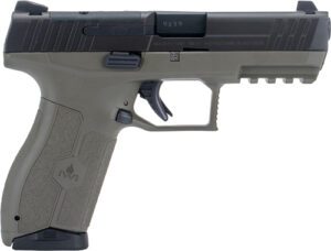 Black and olive semi-automatic handgun side view