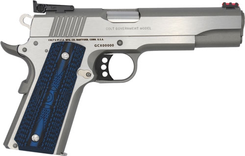 Silver Colt 1911 pistol with blue grip