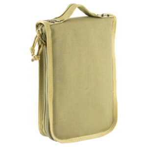 Beige canvas zippered pouch with handle.