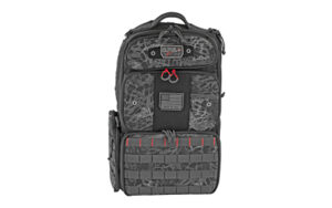 Gray tactical backpack with MOLLE webbing and patches