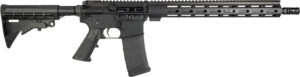 Black tactical rifle, side view profile.