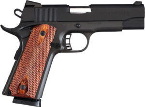 Black pistol with textured wooden grip