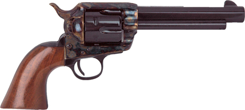 Classic revolver with wooden grip and dark barrel.