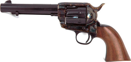 Vintage revolver with wooden grip, side view.