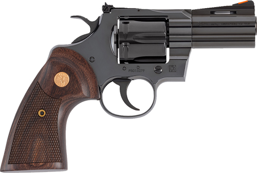 Black revolver with wooden grip on white background