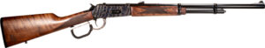 Lever-action rifle with wooden stock and long barrel