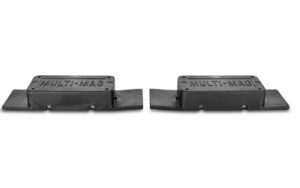 Two black Multi-Mac metal mounting brackets