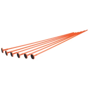 Set of six orange tent pegs aligned diagonally.