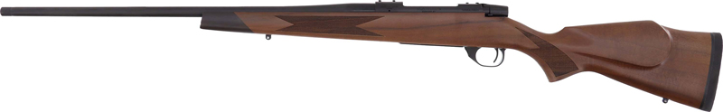 Wooden-stock bolt-action rifle on white background