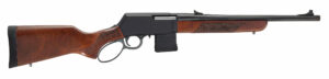 Lever-action rifle with wooden stock and black barrel.