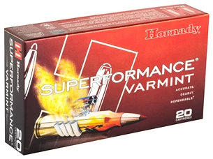 Hornady Superformance Varmint ammunition box, 20 cartridges.