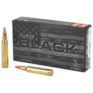 Hornady Black ammunition box with two cartridges.
