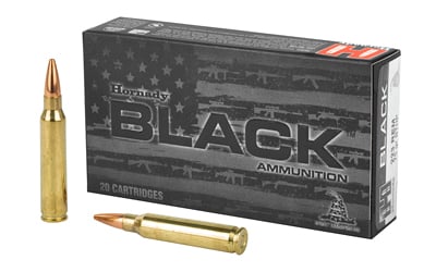 Hornady Black ammunition box with two cartridges.