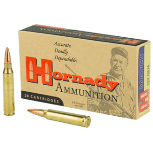 Hornady ammunition box with two rifle cartridges.