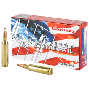Hornady American Whitetail rifle ammunition box and bullets.