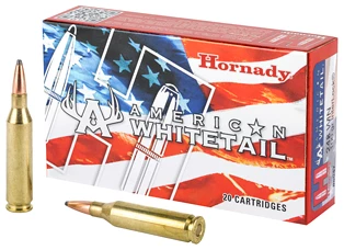 Hornady American Whitetail rifle ammunition box and bullets.