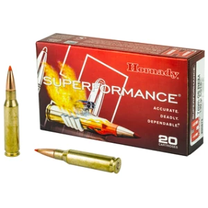 Hornady Superformance ammunition box and rifle cartridges