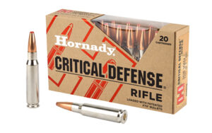Hornady Critical Defense rifle ammunition box and cartridges