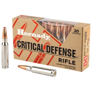 Hornady Critical Defense rifle ammunition box and cartridges
