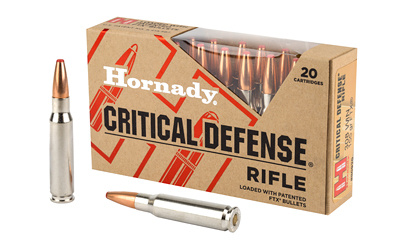 Hornady Critical Defense rifle ammunition box and cartridges