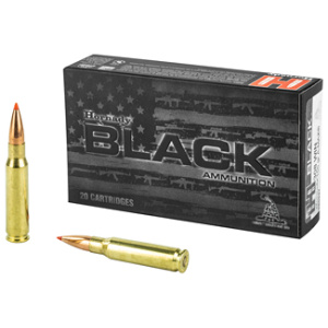 Box of rifle ammunition with two cartridges displayed