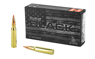 Box of rifle ammunition with two cartridges displayed