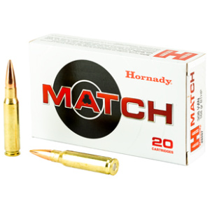 Hornady Match ammunition box and rifle cartridges