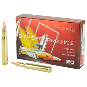 Hornady Superformance rifle ammunition box and cartridges