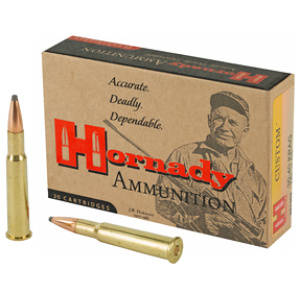 Hornady ammunition box with two rifle cartridges