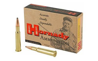 Hornady ammunition box with two rifle cartridges