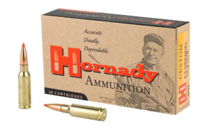 Hornady ammunition box with two rifle cartridges