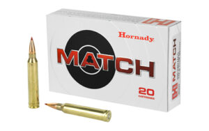 Hornady Match ammunition box with two rifle cartridges