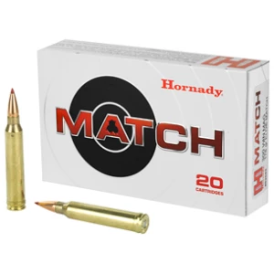Hornady Match ammunition box with two rifle cartridges