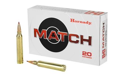 Hornady Match ammunition box with two rifle cartridges