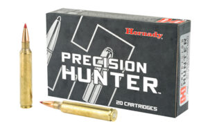 Hornady Precision Hunter ammunition box with rifle cartridges