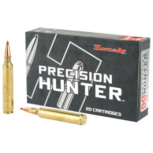 Hornady Precision Hunter ammunition box with rifle cartridges