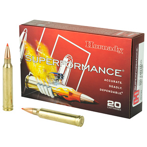 Hornady Superformance rifle ammunition box and cartridges
