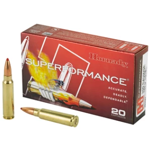 Hornady Superformance rifle ammunition box and cartridges
