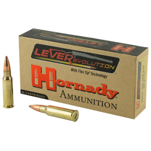 Hornady LEVERevolution ammunition box with rifle cartridges