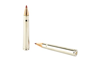 Two rifle cartridges on a white background