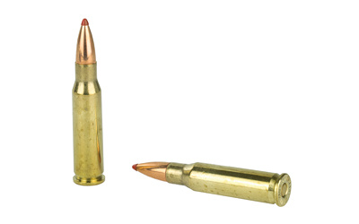 Two brass rifle cartridges on white background