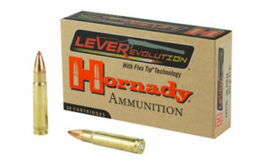 Hornady LeverEvolution ammunition box and rifle cartridges