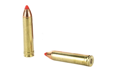 Two rifle cartridges with red tips on white background