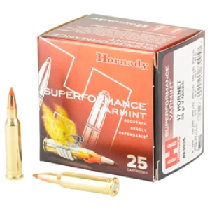 Hornady ammunition box with two bullets displayed.