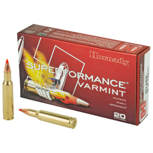 Hornady Superformance Varmint ammunition box and cartridges.