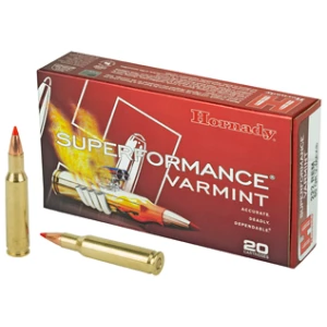 Hornady Superformance Varmint ammunition box and cartridges.
