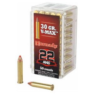 Box of Hornady .22 Magnum V-MAX bullets.